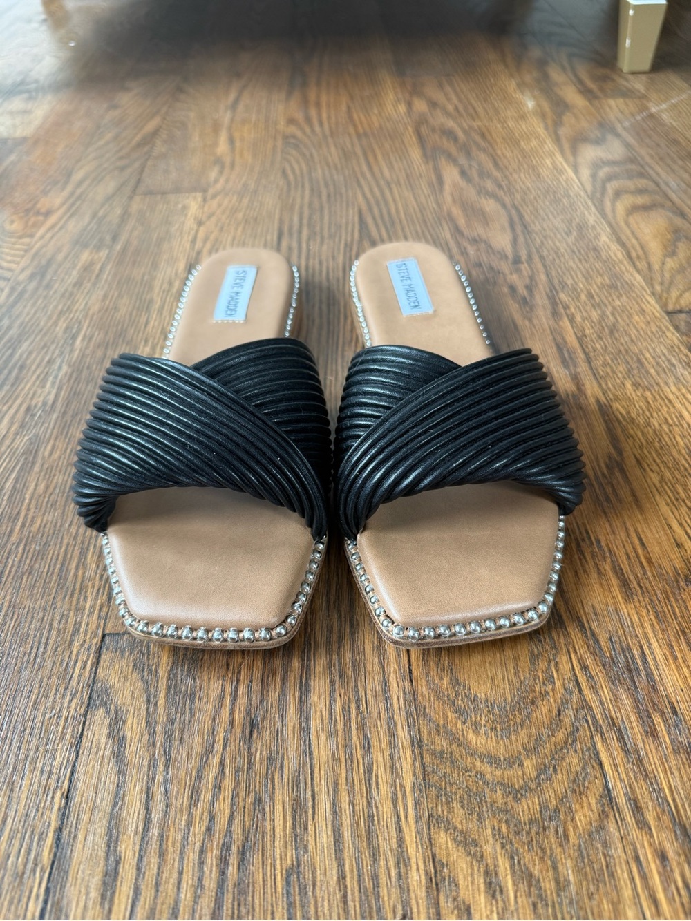 Steve Madden Black Wrapped Slide Sandals with Silver Stud Trim